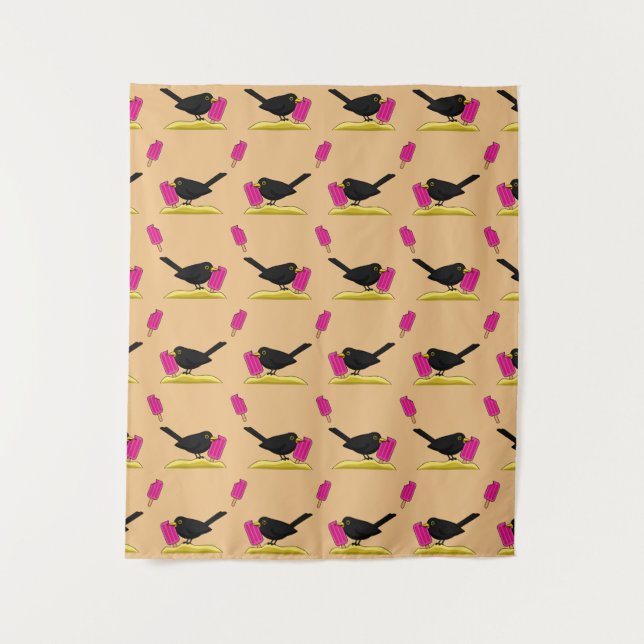 Cartoon Blackbird isst ein Eiscrememuster Wandteppich (Vorderseite)