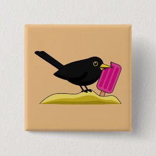 Cartoon Blackbird isst eine Eiscreme Button