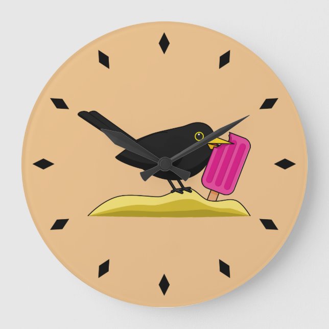 Cartoon Blackbird isst eine Eiscreme Große Wanduhr (Vorderseite)