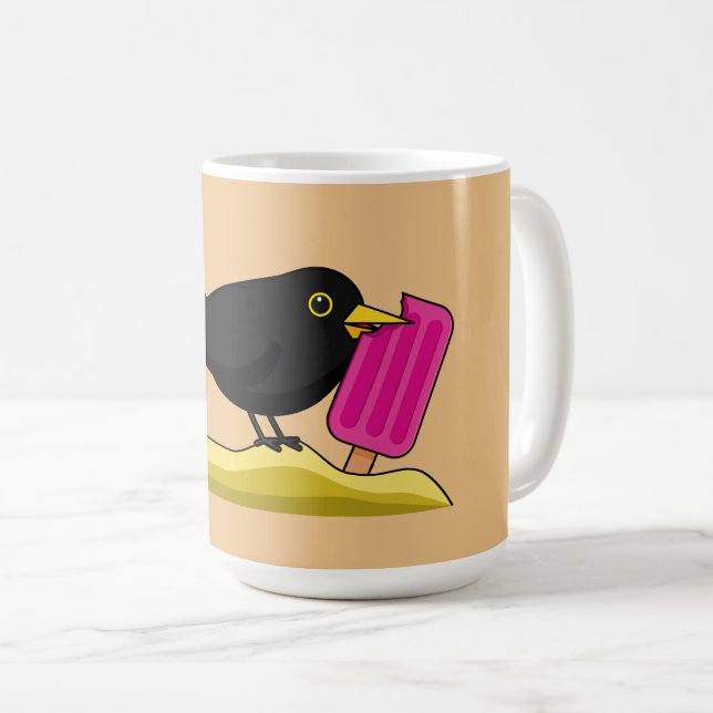 Cartoon Blackbird isst eine Eiscreme Kaffeetasse (VorderseiteRechts)