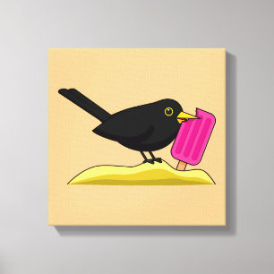Cartoon Blackbird isst eine Eiscreme Leinwanddruck