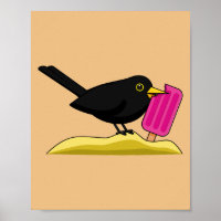 Cartoon Blackbird isst eine Eiscreme
