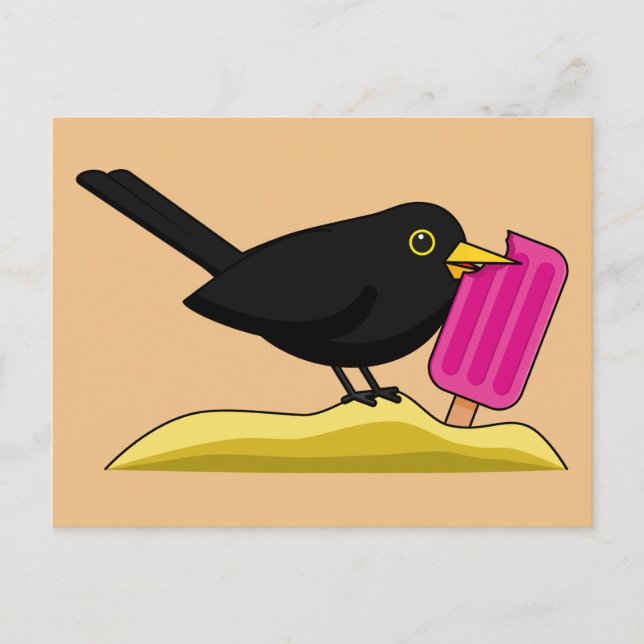 Cartoon Blackbird isst eine Eiscreme Postkarte (Vorderseite)