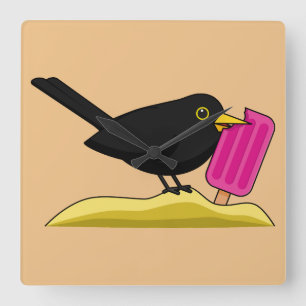 Cartoon Blackbird isst eine Eiscreme Quadratische Wanduhr
