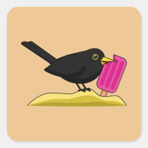 Cartoon Blackbird isst eine Eiscreme Quadratischer Aufkleber