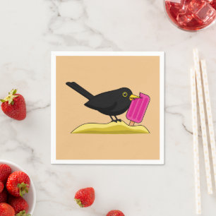 Cartoon Blackbird isst eine Eiscreme Serviette