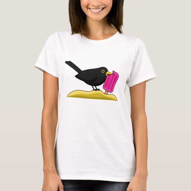 Cartoon Blackbird isst eine Eiscreme T-Shirt (Vorderseite)