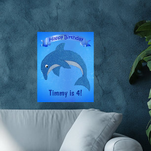 Cartoon Blue Jumping Dolphin Ribbon Kindergeburtst Poster