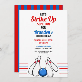Cartoon Blue & Red Bowling Kinder 6. Geburtstag Einladung