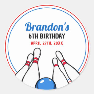 Cartoon Blue & Red Bowling Kinder 6. Geburtstag Runder Aufkleber