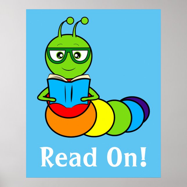 Cartoon Bookworm mit Buch und Brille Poster (Vorne)