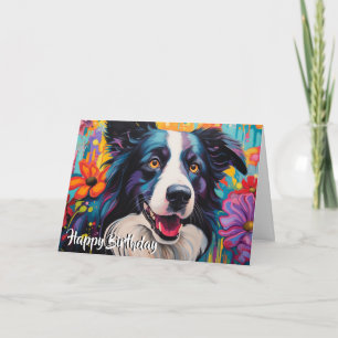 Cartoon Border Collie im Garten Karte