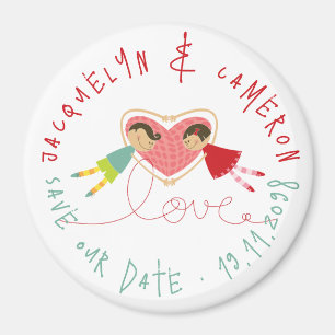 Cartoon Boy Lieben Mädchen Holding Hand Save the D Magnet