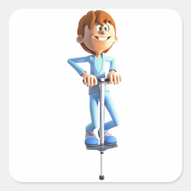 Cartoon Boy on a Pogo Stick Quadratischer Aufkleber (Vorderseite)
