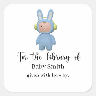 cartoon boy rabbit Baby Shower Library Quadratischer Aufkleber