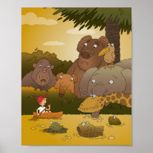 Cartoon Boy Tropical Jungle Animal Poster