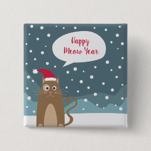 Cartoon braune Kitty trägt Weihnachtsmannmütze im  Button