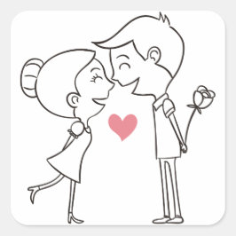 Cartoon Braut & Groom Black & White Pink Hochzeit Quadratischer Aufkleber