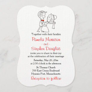 Cartoon Braut & Groom Black, White & Red Wedding Einladung