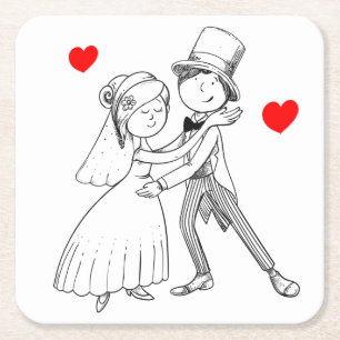 Cartoon Braut & Groom Dancing Hochzeit nur verheir Rechteckiger Pappuntersetzer