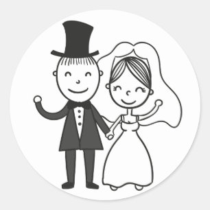 Cartoon Bride & Groom Just Married Wedding Runder Aufkleber