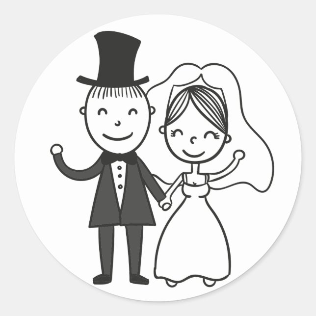 Cartoon Bride & Groom Just Married Wedding Runder Aufkleber (Vorderseite)