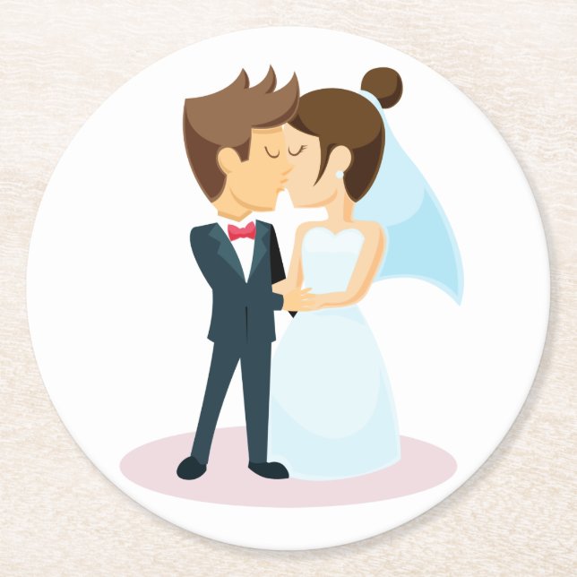Cartoon Bride & Groom Kissing Wedding Runder Pappuntersetzer (Vorderseite)