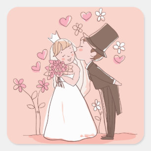 Cartoon Bride & Groom Pink Hochzeitsticker Quadratischer Aufkleber