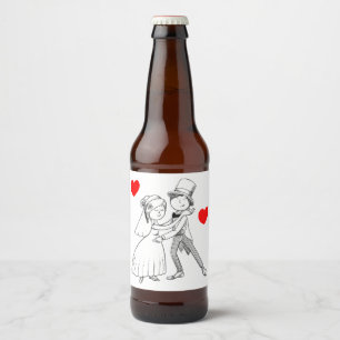 Cartoon Bride Groom Red Black Wedding Just Married Bierflaschenetikett