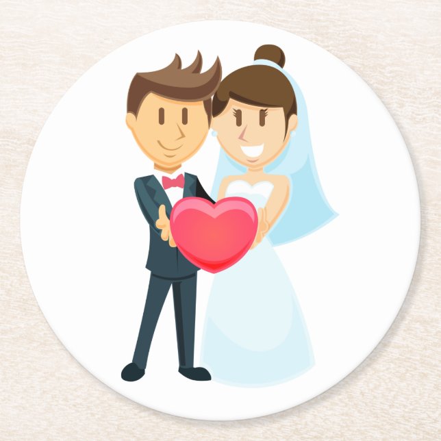 Cartoon Bride & Groom Red Heart Wedding Runder Pappuntersetzer (Vorderseite)