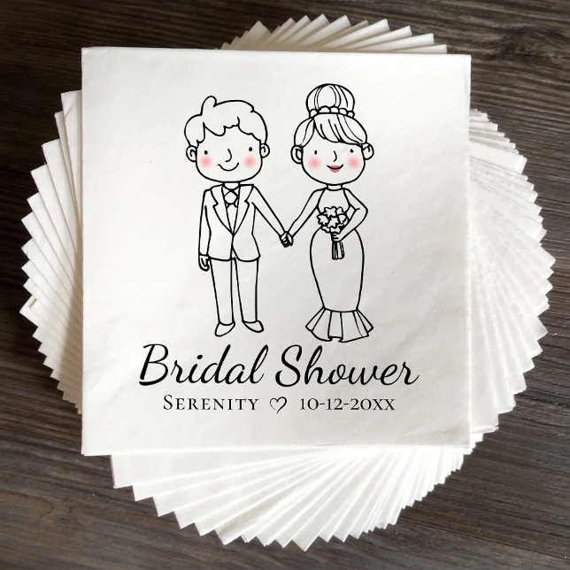 Cartoon Bride Groom Schwarz-weißes Brautparty Serviette (Von Creator hochgeladen)