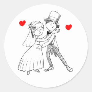 Cartoon Bride Groom Wedding Red Schwarz-weiß Runder Aufkleber