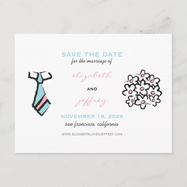 Cartoon Bride Groom Wedding Save the Date Postcard Ankündigungspostkarte (Vorderseite)
