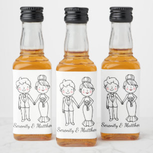 Cartoon Bride Groom Whimsical Schwarz-weiß Wedding Alkoholflaschenetikett