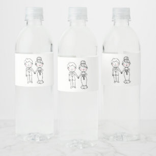 Cartoon Bride Groom Whimsical Schwarz-weiß Wedding Wasserflaschenetikett