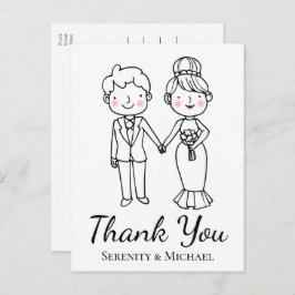 Cartoon Bride Groom Whimsical Wedding Vielen Dank Postkarte