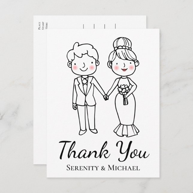 Cartoon Bride Groom Whimsical Wedding Vielen Dank Postkarte (Vorne/Hinten)
