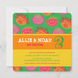 Cartoon Bubblegum Face Twins Geburtstagsfeier Foto Einladung