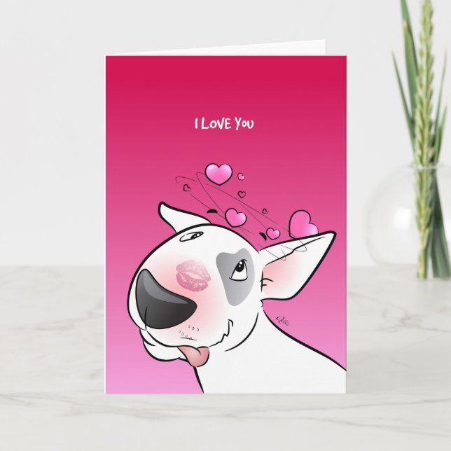 Cartoon Bull Terrier "Ich Liebe dich!" Grußkarte Karte (Vorderseite)