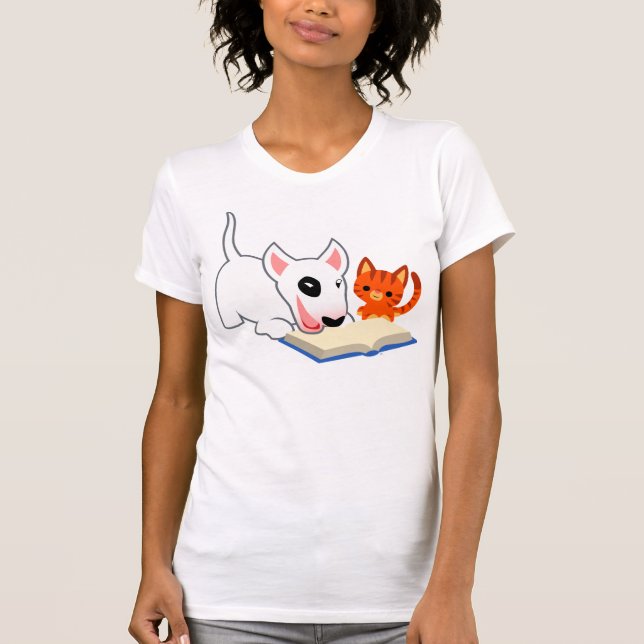 Cartoon Bullie and Kitty with Book Women T - Shirt (Vorderseite)