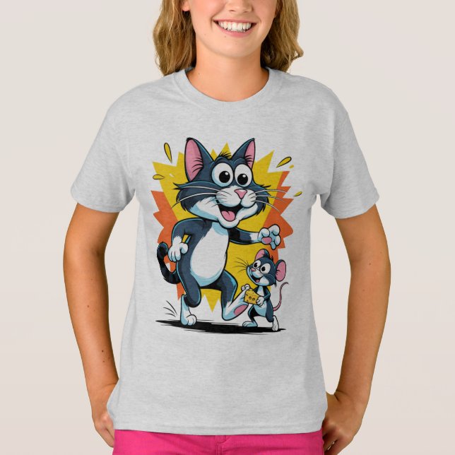 Cartoon Cat and Mouse Chase T-Shirt (Vorderseite)