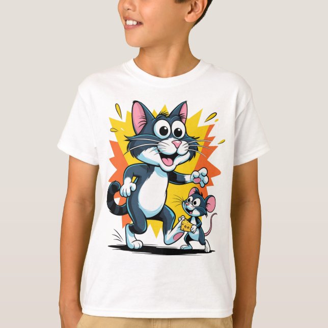 Cartoon Cat and Mouse Chase T-Shirt (Vorderseite)