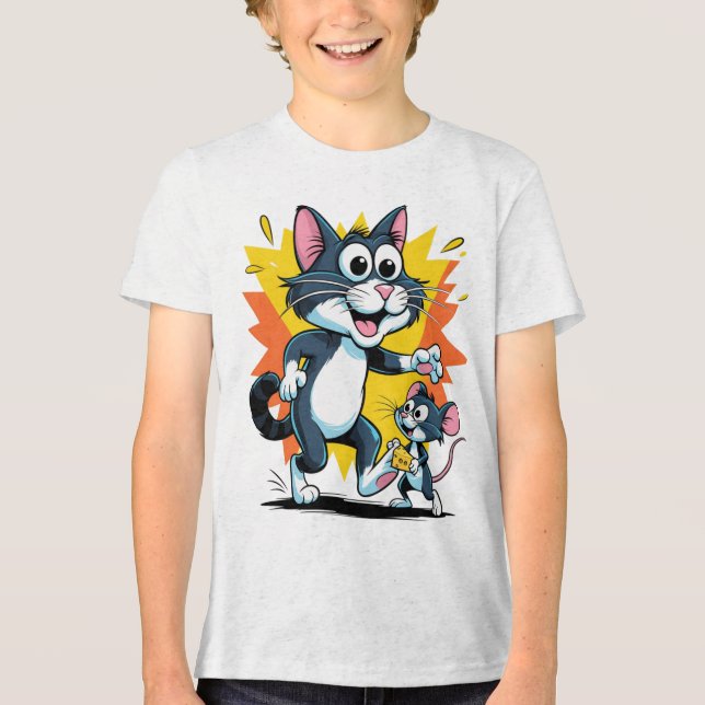 Cartoon Cat and Mouse Chase Tri-Blend Shirt (Vorderseite)