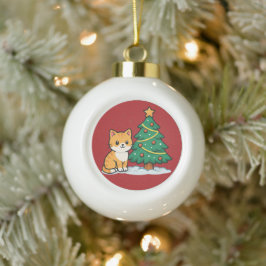 Cartoon Cat by Christmas Tree Snowy Sticker Keramik Kugel-Ornament