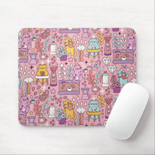 Cartoon Cat Fun on Pink Mousepad