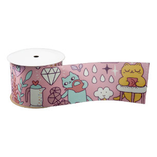 Cartoon Cat Fun on Pink Satinband