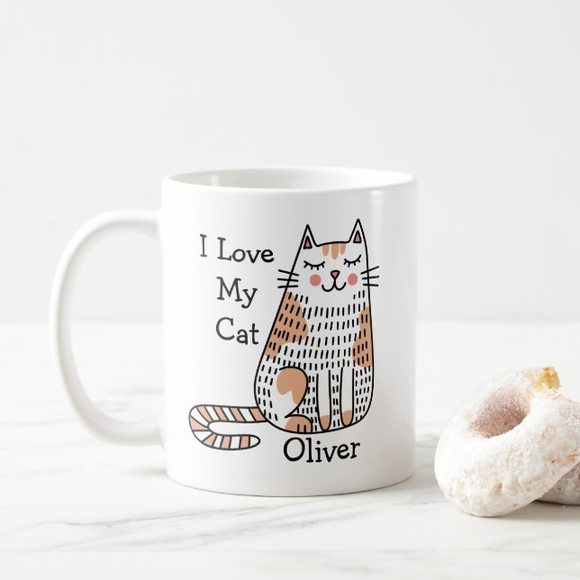 Cartoon Cat in Doodle Art Style Anpassbarer Name Kaffeetasse (Mit Donut)