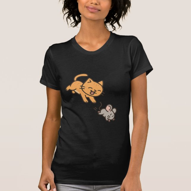 Cartoon Cat & Mouse Play, Fun Animal T - Shirt (Vorderseite)