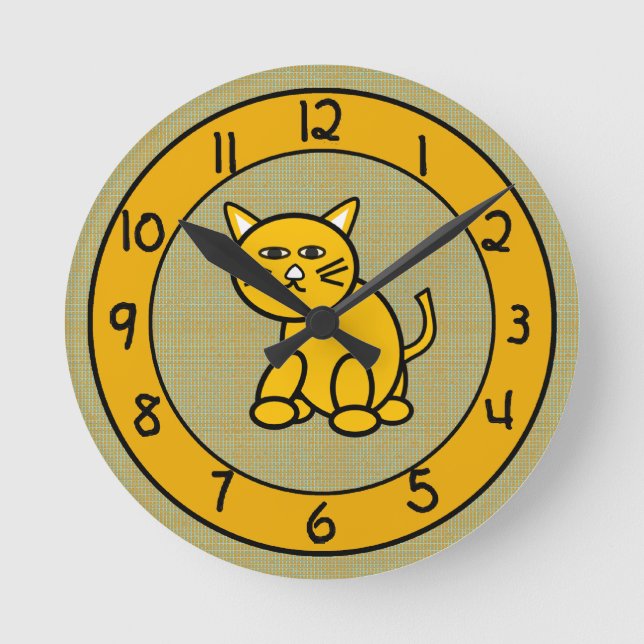 Cartoon Cat on Niedlich Gold Clock für Kinder Runde Wanduhr (Vorderseite)