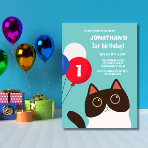 Cartoon Cat Rainbow Ballon Kindergeburtstag Einladung